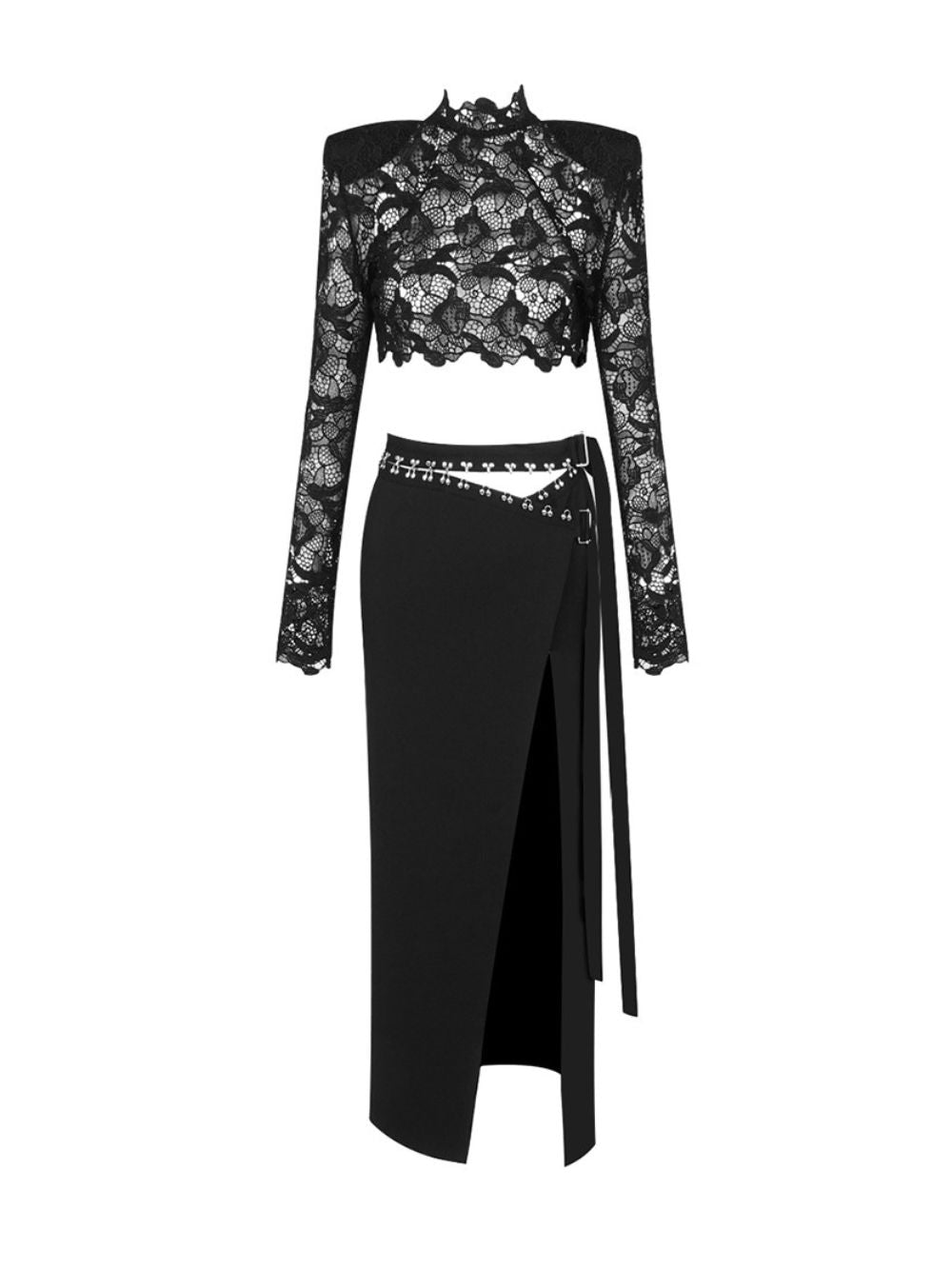 Black Floral Lace Crop Top and Wrap Midi Skirt Two-Piece Set