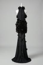 Black Crepe Fitted Bodice with Flowing Sheer Skirt Gown