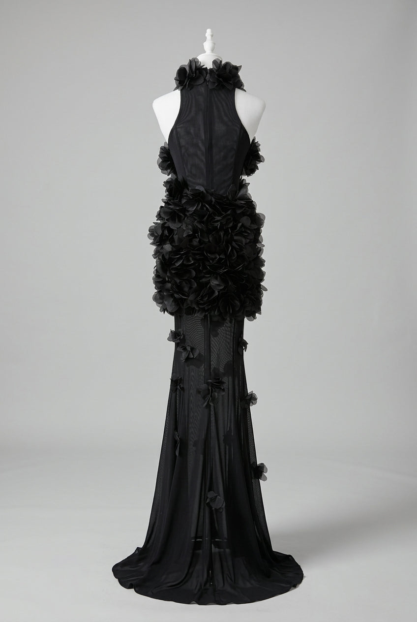 Black Crepe Fitted Bodice with Flowing Sheer Skirt Gown