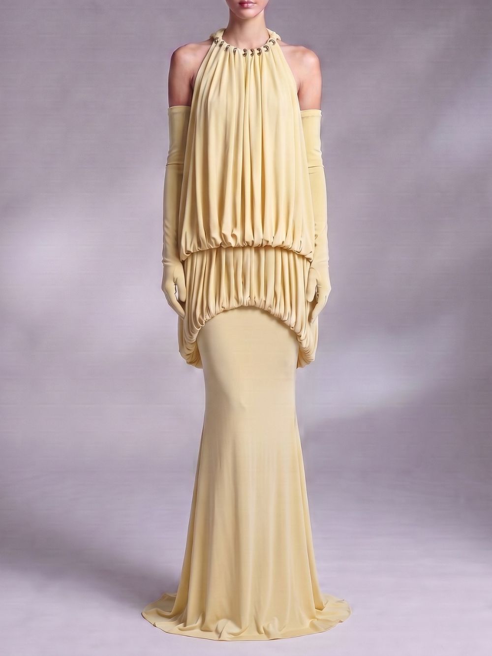 Myna Yellow Halter Pleated Maxi Dress With Gloves