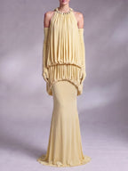 Myna Yellow Halter Pleated Maxi Dress With Gloves
