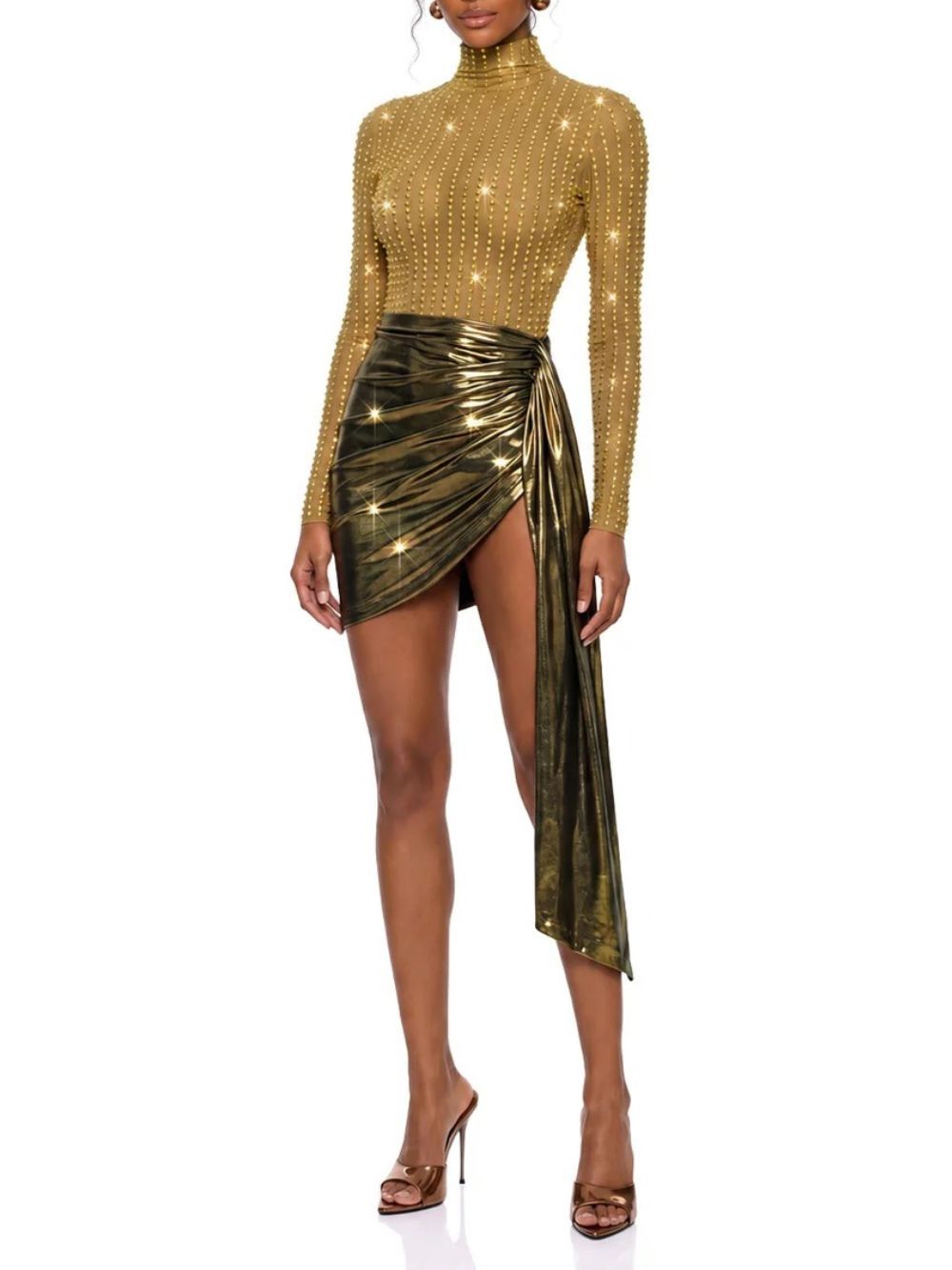 Cuvano Rhinestone Draped Skirt Set In Gold Flowering Girl