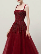 Burgundy Tulle A-Line Evening Gown