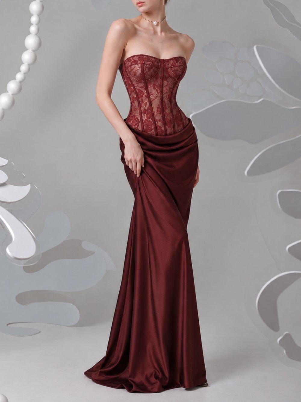Myli Strapless Lace Ruched Maxi Dress