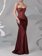 Myli Strapless Lace Ruched Maxi Dress