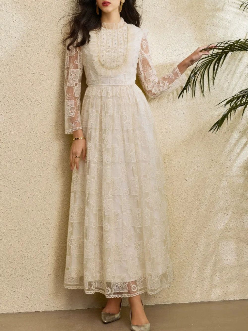 Cream Lace A-Line Maxi Dress Flowering Girl