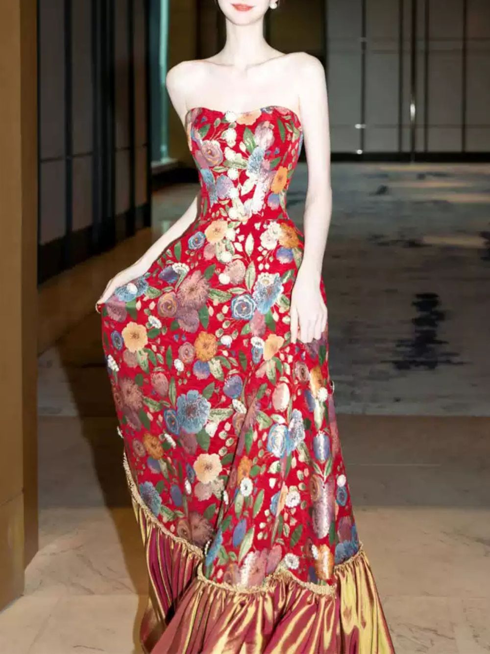 Mozelle Red Strapless Floral Maxi Dress
