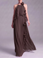 Myriam Coffee Halter Flower Maxi Dress