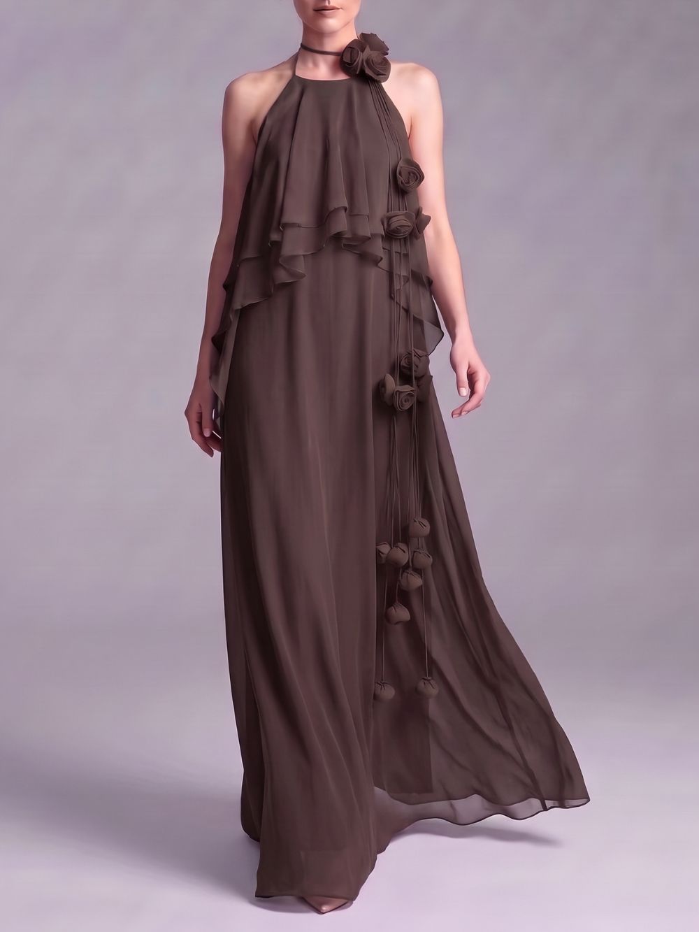 Myriam Coffee Halter Flower Maxi Dress