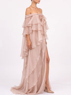 Dusty Pink Chiffon Flowing A-Line Gown with High Slit Flowering Girl