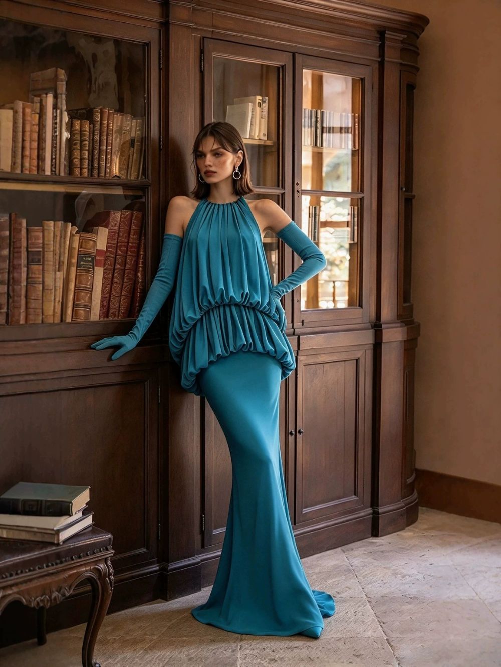 Myna Blue Halter Pleated Maxi Dress With Gloves