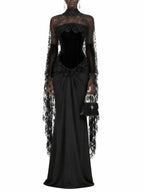 Black Velvet Corset Evening Gown with Lace Cape Sleeves and Satin Skirt