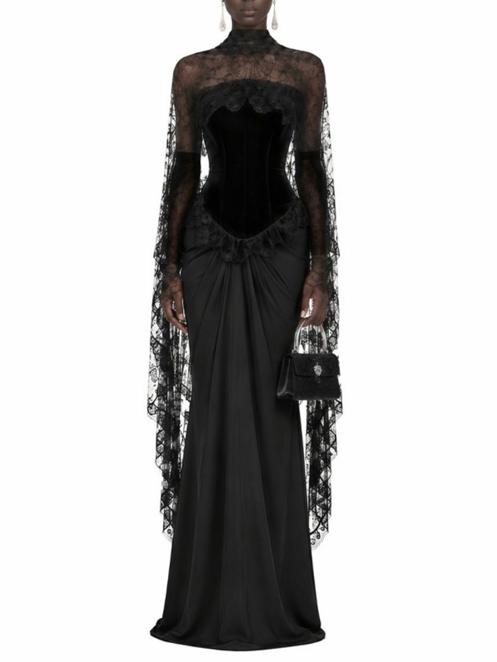 Black Velvet Corset Evening Gown with Lace Cape Sleeves and Satin Skirt