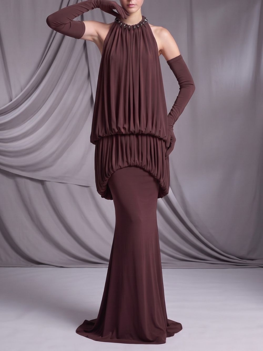 Myna Coffee Halter Pleated Maxi Dress With Gloves