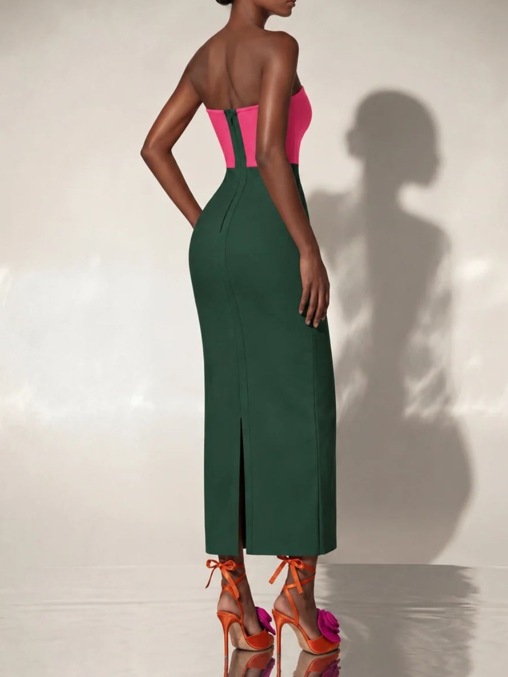 Caldren Strapless Flower Bandage Midi Dress In Green Flowering Girl