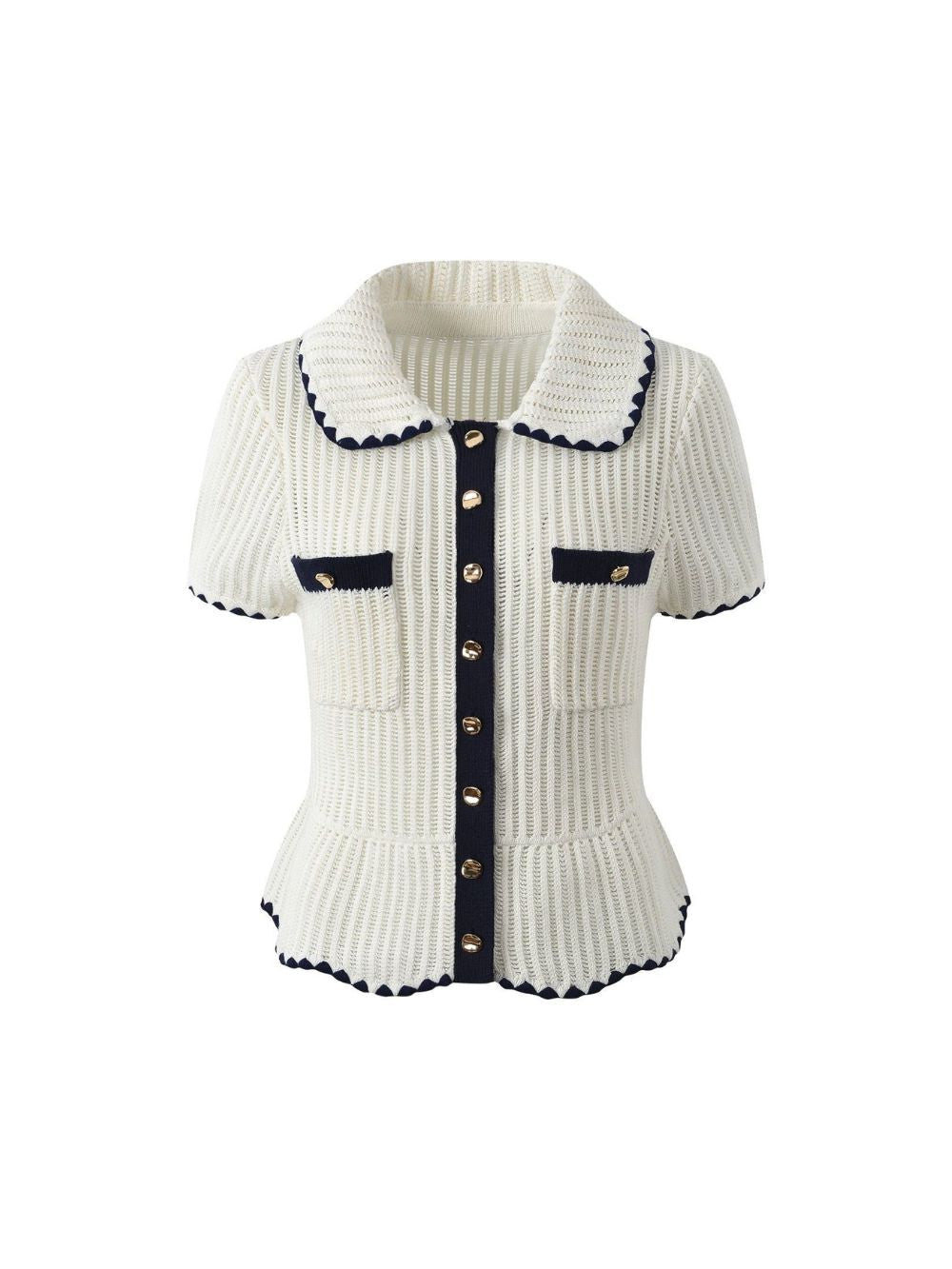 Cream Ribbed Knit Peplum Short-Sleeve Cardigan