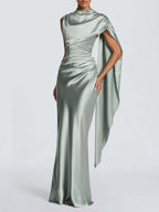 Sage Green Satin Asymmetrical Evening Gown with Draped Panel Flowering Girl