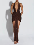 Celous Halterneck Rhinestone Draped Dress Flowering Girl