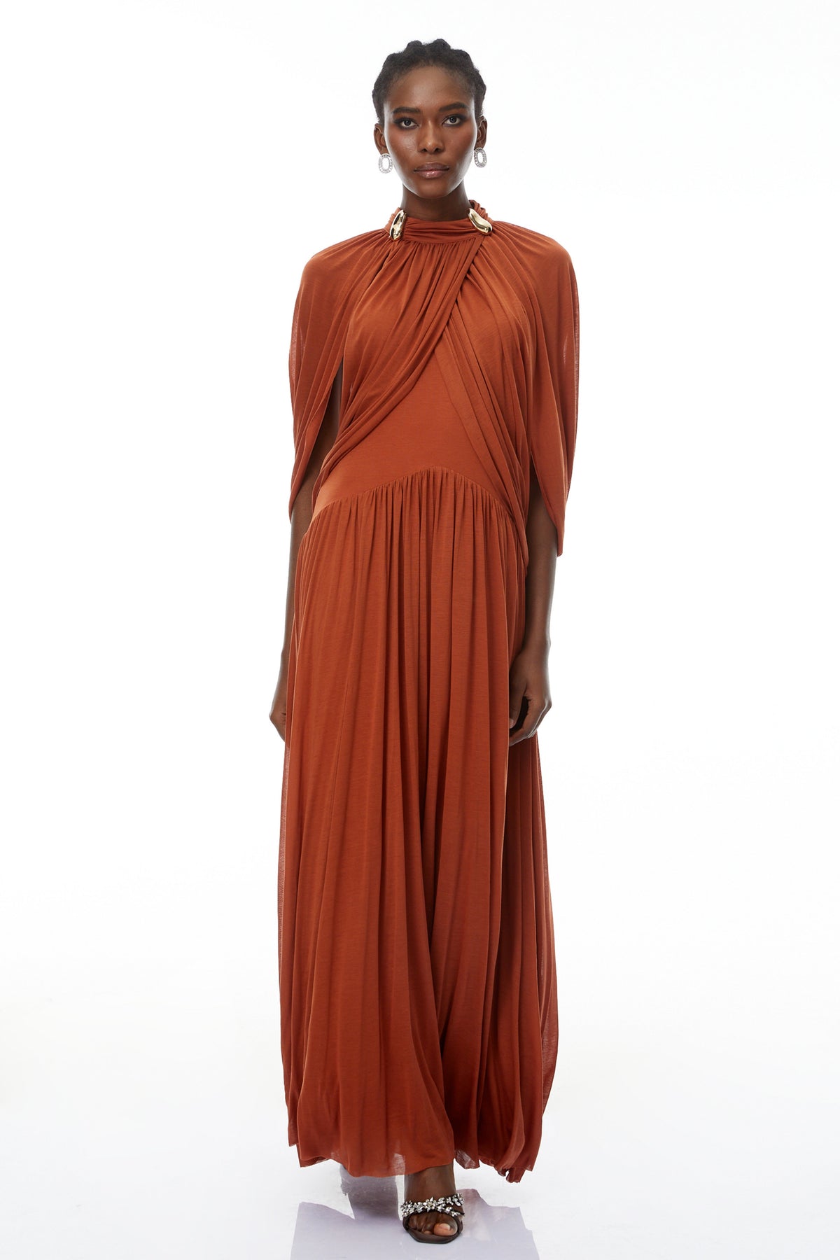 Leona Brown Draped Cape Sleeve Knit Maxi Dress Flowering Girl