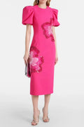 Sequin Flower Embellished Puff Sleeve Midi Dress In Pink Flowering Girl