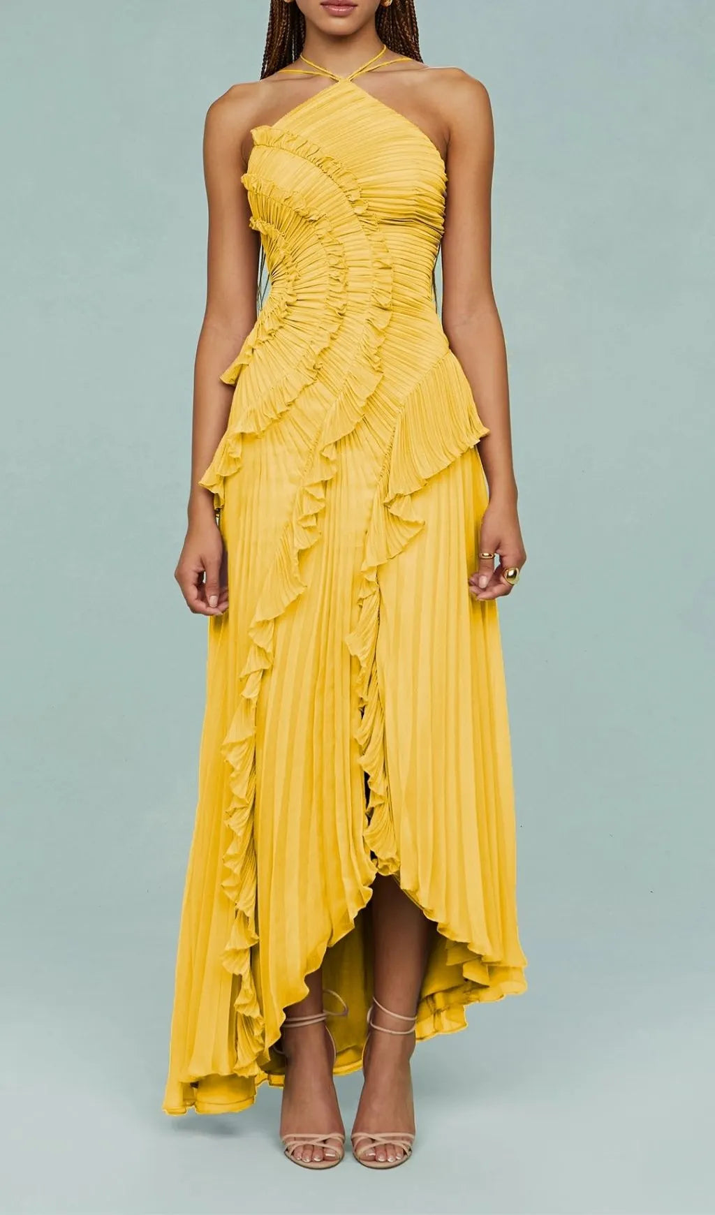 Finneas Yellow Halter Pleated Maxi Dress Flowering Girl