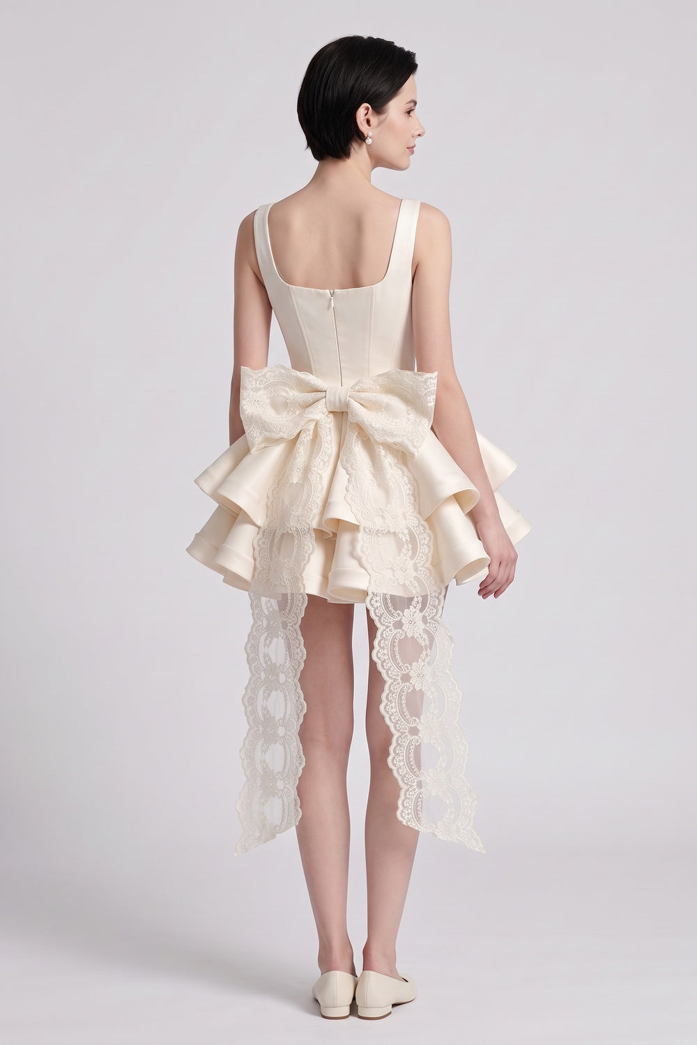 Cream Structured Satin Fit-and-Flare Mini Dress with Tiered Ruffles and Back Bow Flowering Girl