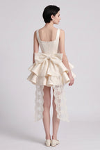 Cream Structured Satin Fit-and-Flare Mini Dress with Tiered Ruffles and Back Bow Flowering Girl