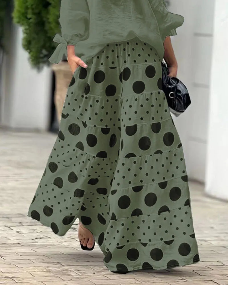 Casual Shoulder Top & Printed Pants Two-Piece Set Flowering Girl