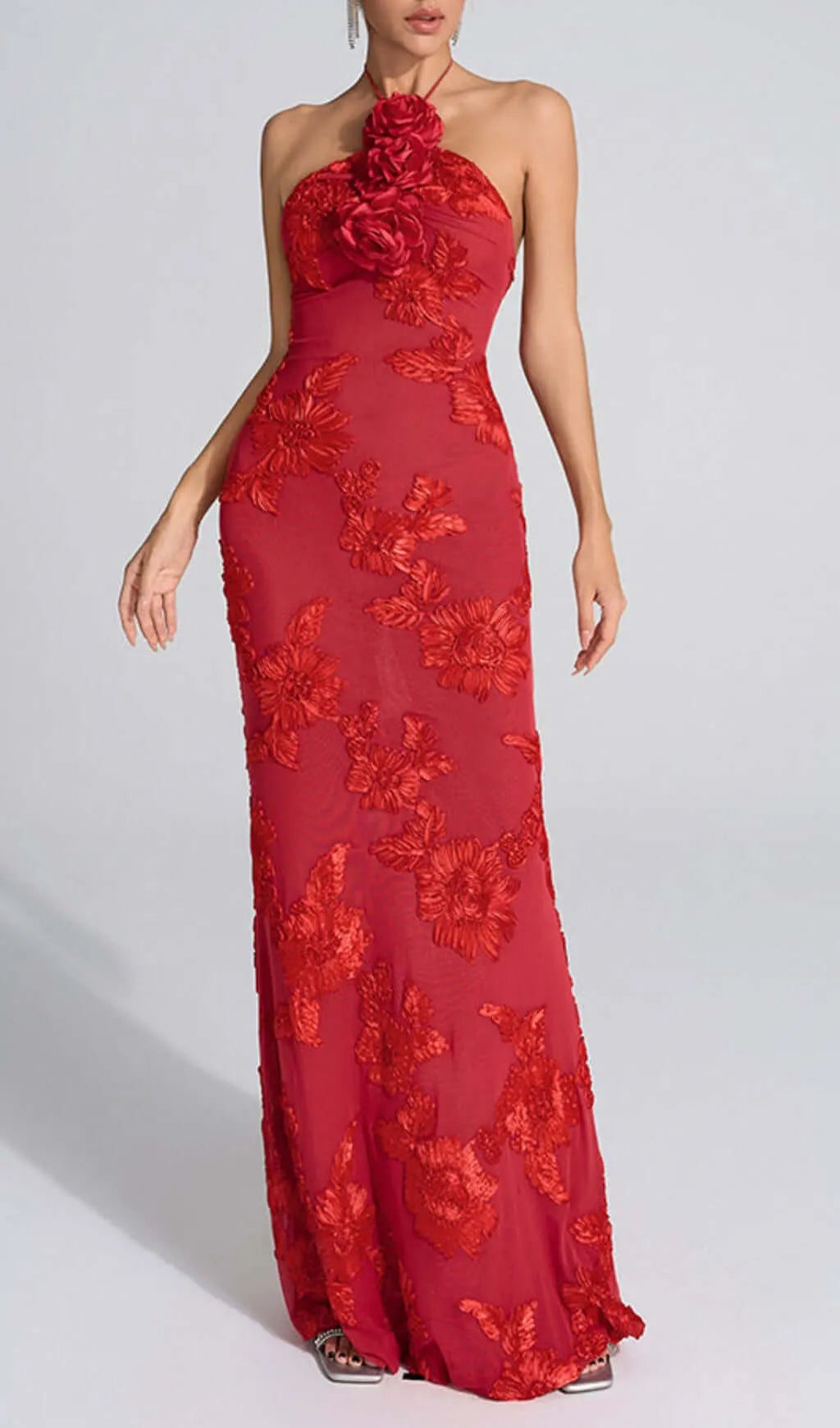 Bambi Red Halter Flower Maxi Dress