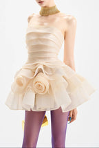 Coral Off-Shoulder Layer Trim Flower Mini Dress In Apricot Flowering Girl