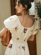 Rosalind Retro Embroidered Puff Sleeve Dress Flowering Girl