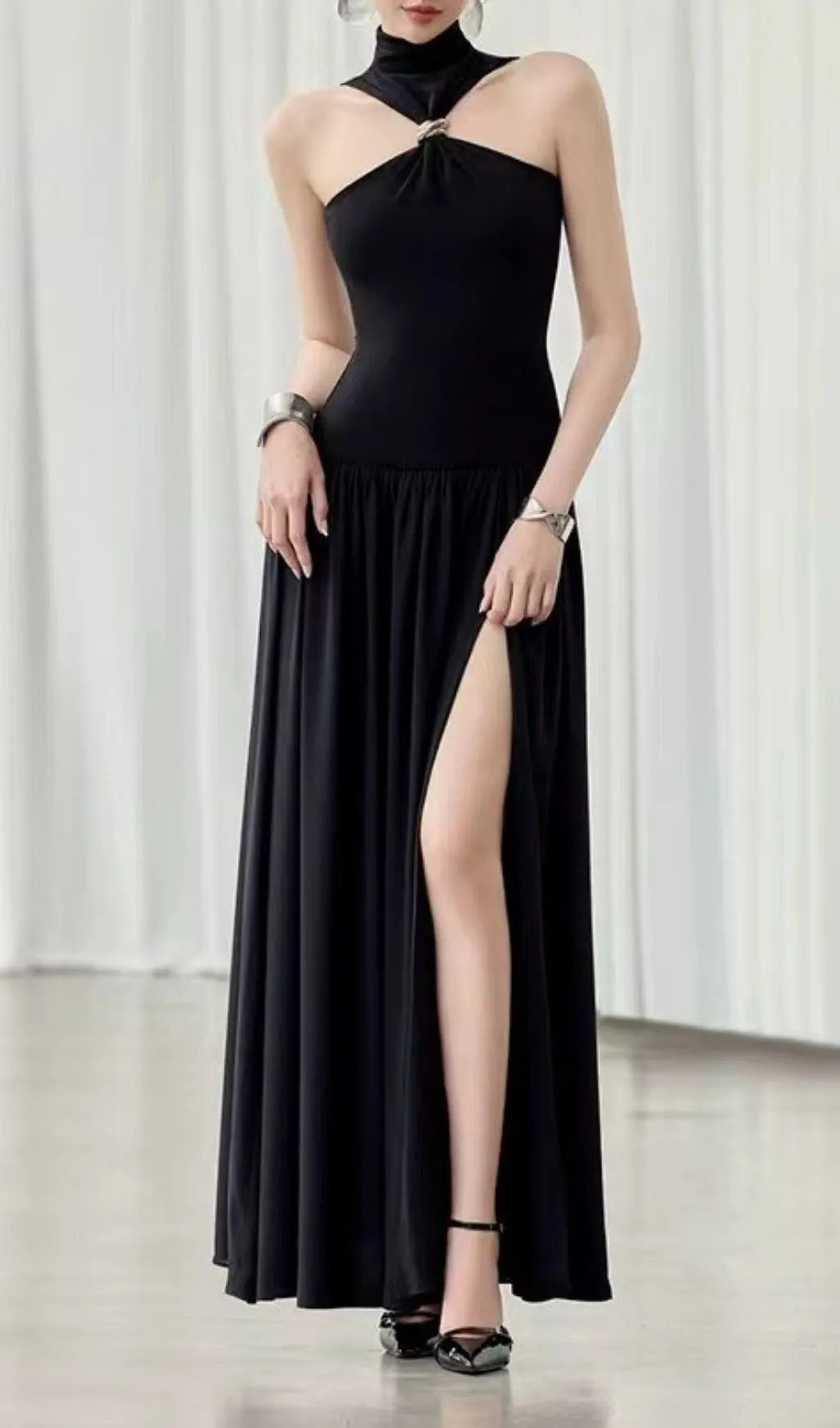 Kelley Black Halter Slit Maxi Dress Flowering Girl