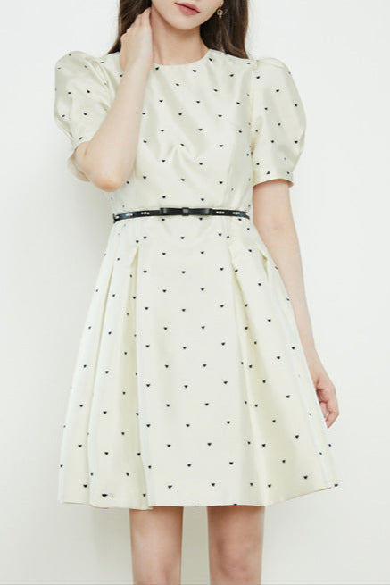 Elsie Polka Dot Puff Sleeve Mini Dress In Beige Flowering Girl