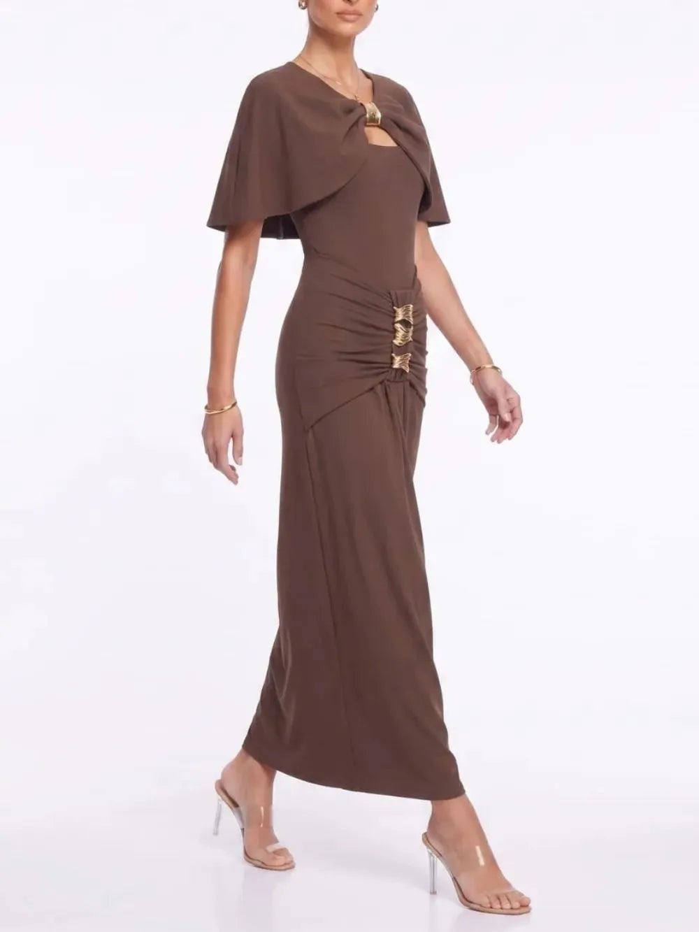 Lyvoria Cape Ruched Maxi Dress Flowering Girl
