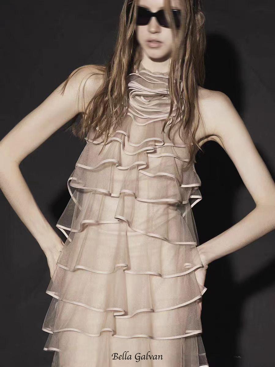 Chiffon Sleeveless Ruffle Mini Dress in khaki Flowering Girl