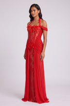 Red Halter Neck Floor-Length Gown with Floral Appliqué Flowering Girl