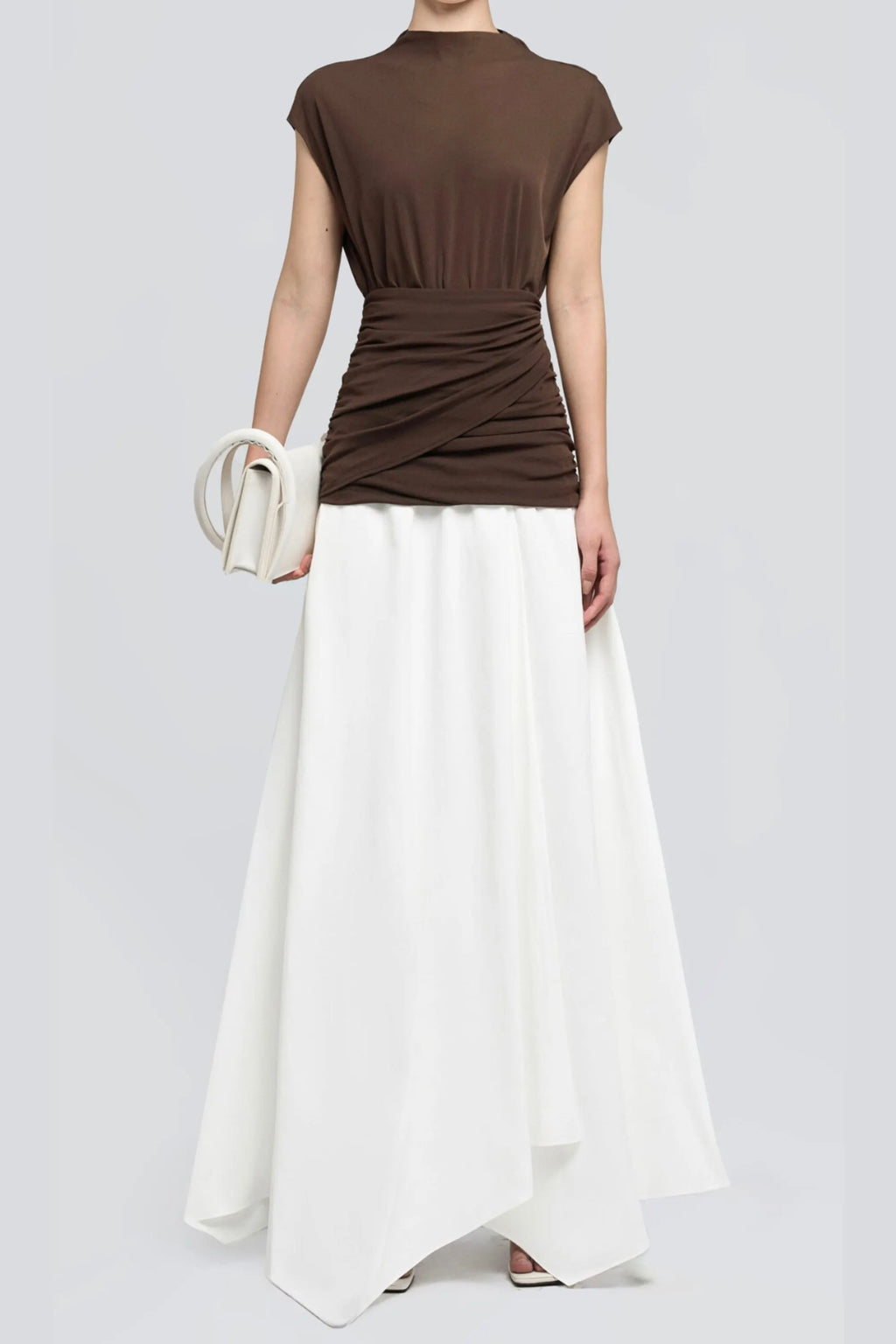 Brown Waist Cross Pleats Midi Dress With Asymmetric Hemline Flowering Girl