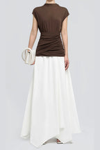 Brown Waist Cross Pleats Midi Dress With Asymmetric Hemline Flowering Girl