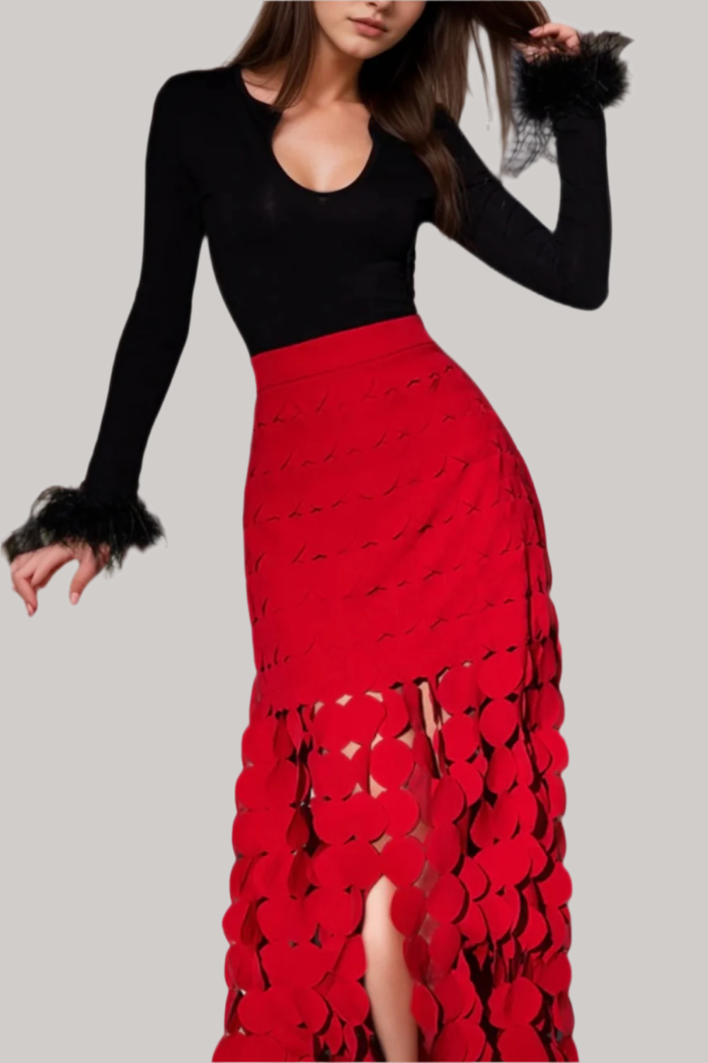 CIRCLE CUTOUT FRINGE SKIRT IN RED Flowering Girl