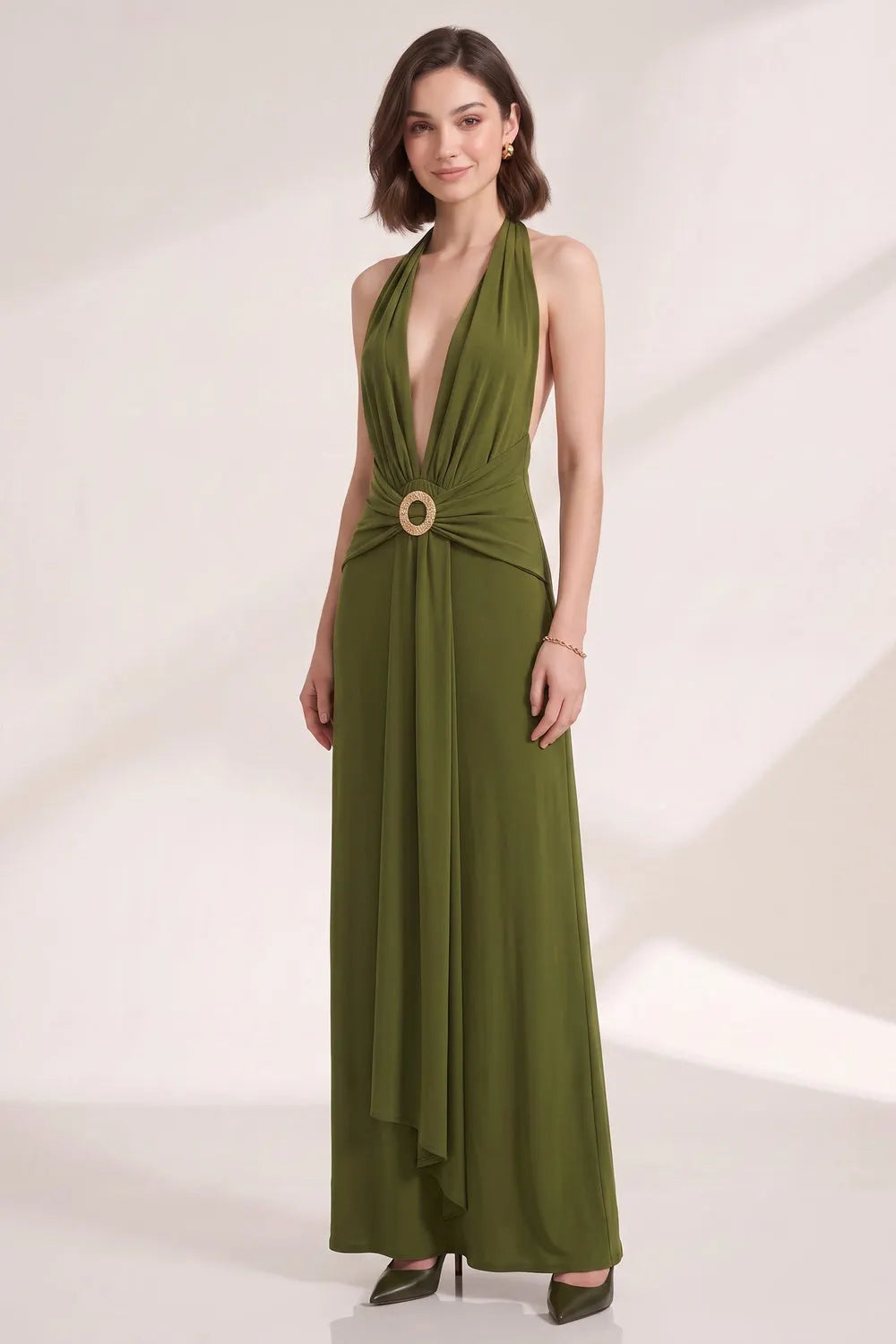 Olive Green Fluid Jersey Column Dress Flowering Girl