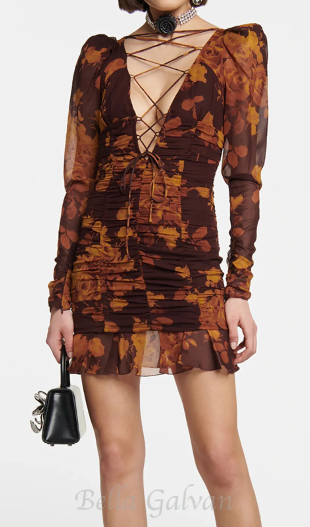 floral print hollow tulle mini dress in brown Flowering Girl