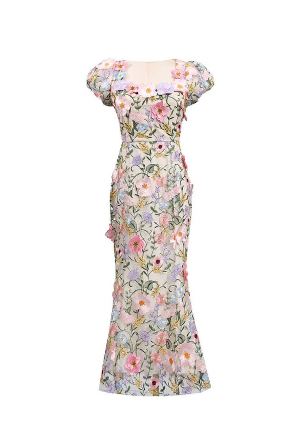 Nydia multicolor Square collar with 3D flower embroidery maxi dress Flowering Girl