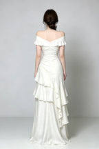 Off Shoulder Twist Ruched Tiered Ruffle Satin Maxi Dress Flowering Girl