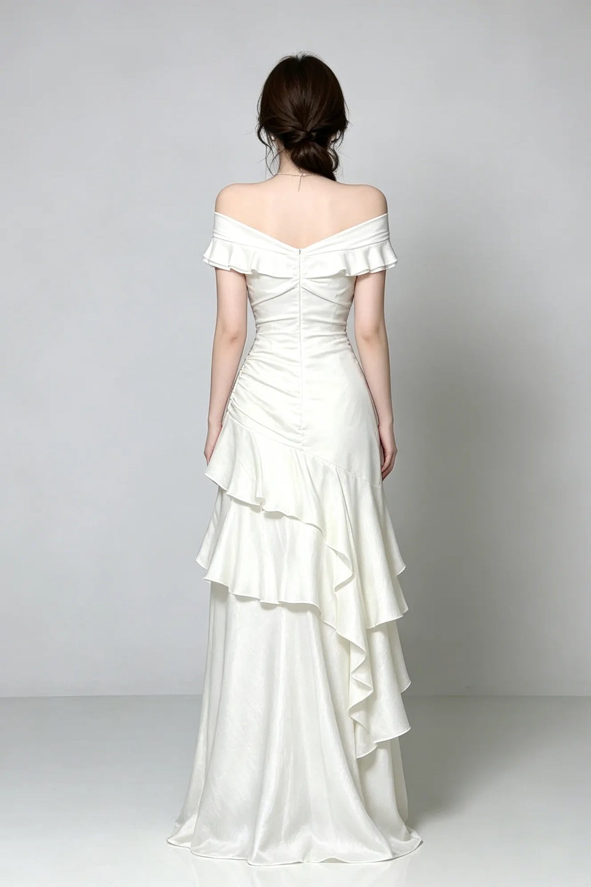 Off Shoulder Twist Ruched Tiered Ruffle Satin Maxi Dress Flowering Girl