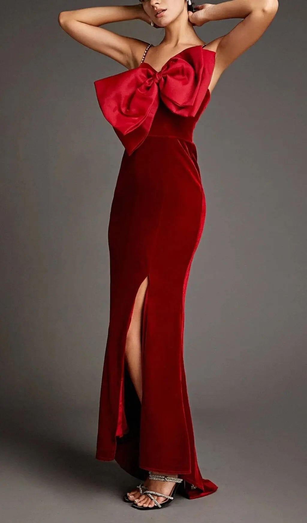 Dark Red Front Bow Side Slit Mermaid Maxi Dress Flowering Girl