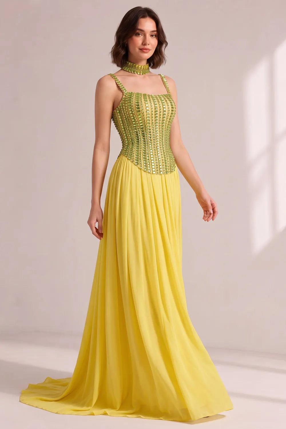 Lime Green Rhinestone Spaghetti Strap Choker Neck Pleated Chiffon Train Evening Gown Flowering Girl