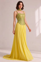 Lime Green Rhinestone Spaghetti Strap Choker Neck Pleated Chiffon Train Evening Gown Flowering Girl