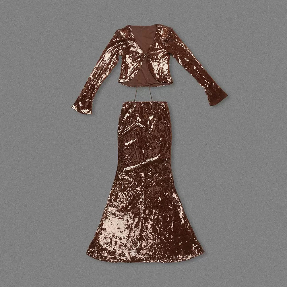 Aubelin Sequin Two Piece Set - Brown Flowering Girl