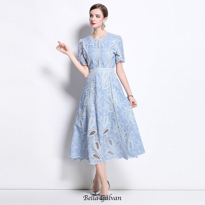 dana hollow embroidery lace midi dress in blue Flowering Girl
