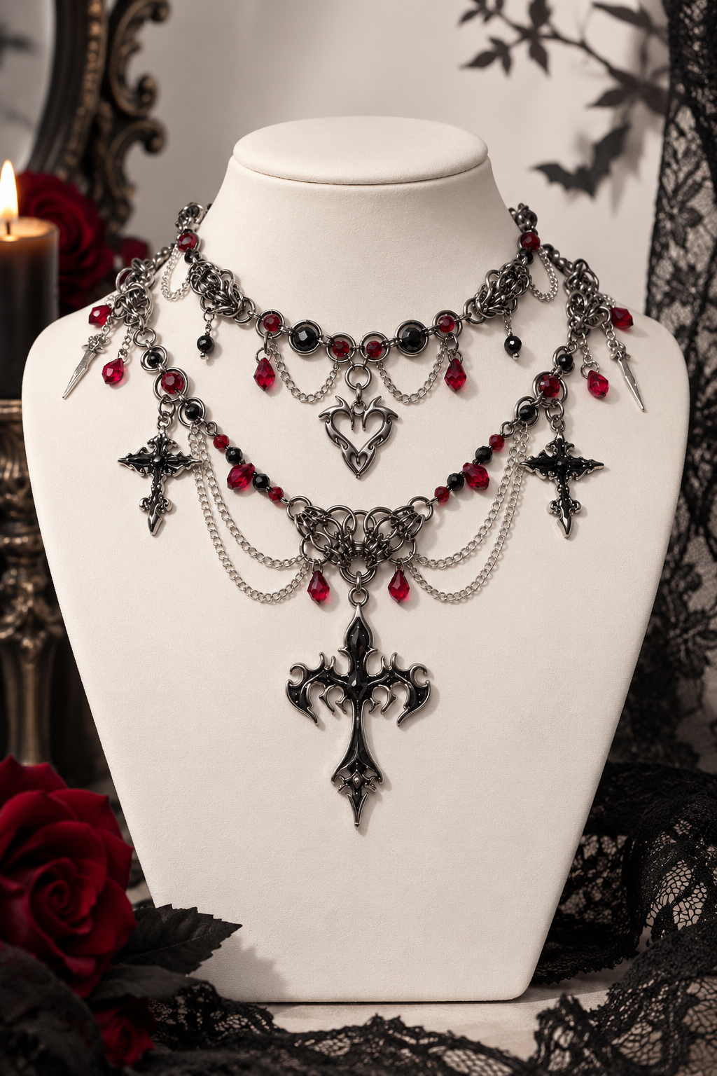 Gothic Cross Red Crystal Layered Choker Necklace Flowering Girl